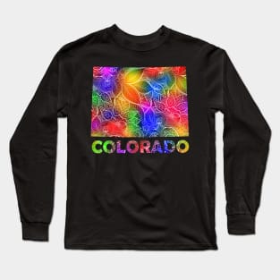 Colorful mandala art map of Colorado with text in multicolor pattern Long Sleeve T-Shirt